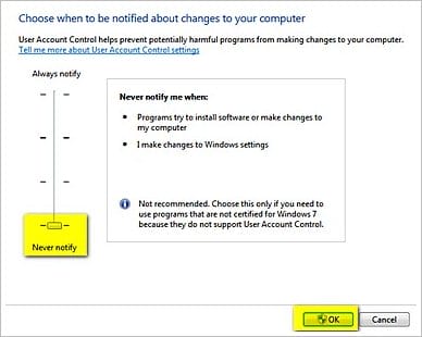 windows7 uac disable