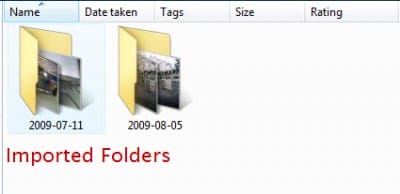 Folders Imported using Canon Camera Window