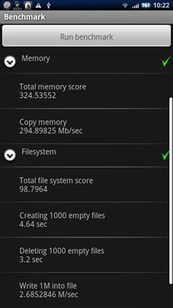 Sony Ericsson XPERIA x10 Memory and Filesystem Benchmark
