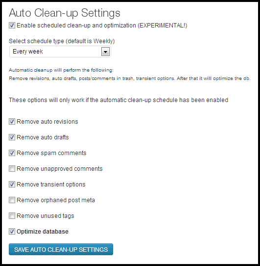 WP-Optimize Auto Cleanup Settings