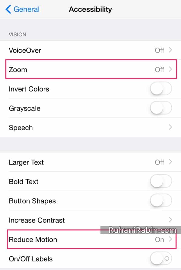 iOS 8 iPhone 6 Turn off Zoom and Turn on Reduce Motion