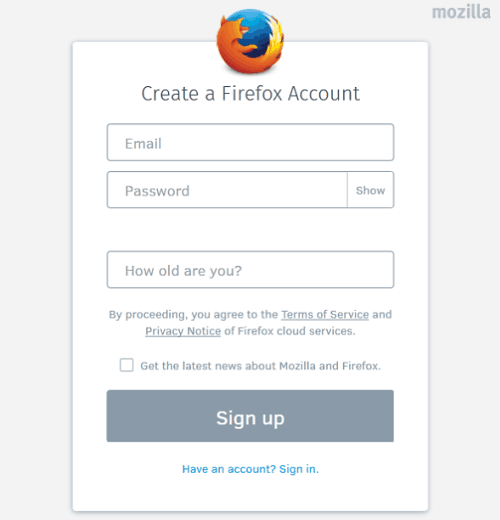 Firefox sign up forms