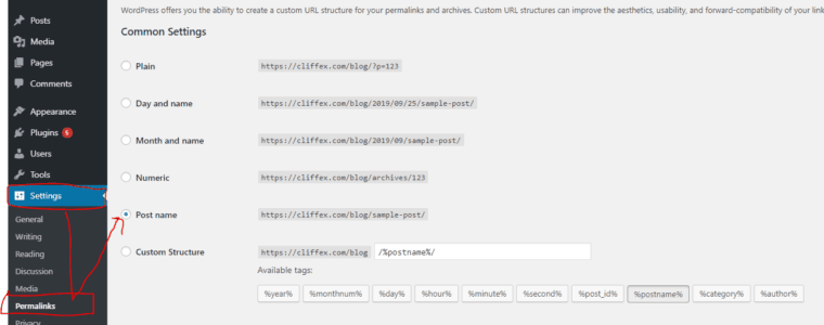 where to configure the structure of permanent links in WordPress.