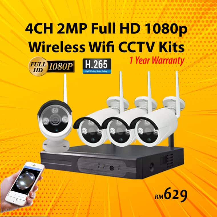 4CH H.265+ Full HD 1080P 2MP Wireless WIFI CCTV IP Camera Kits (12 Months Local Warranty)