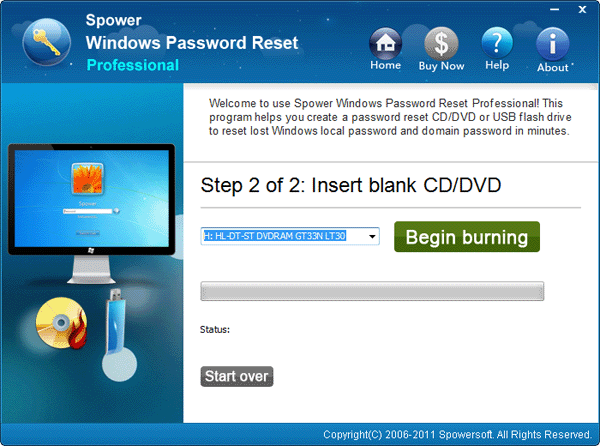 Click begin burning in the windows password remover