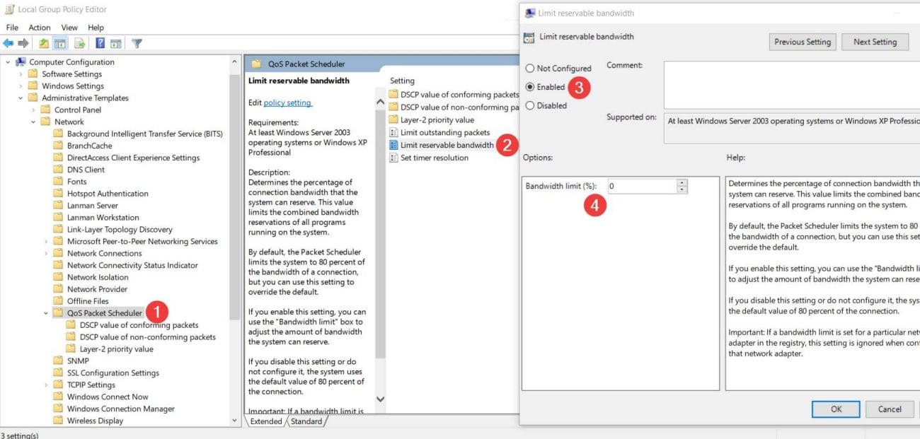 Windows gpedit - remove bandwidth limitation - How to Speed up Windows 10 Internet Speed