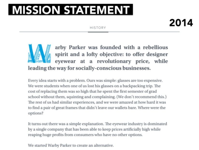 The Mission Statement Of Warby Parker As An User-centric content Example
