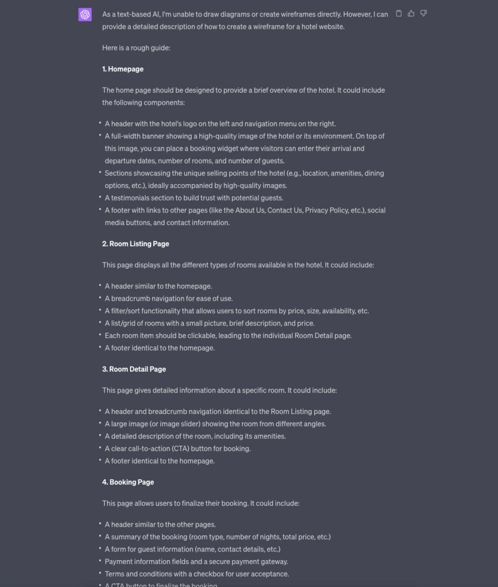 suggested wireframe for a hotel website