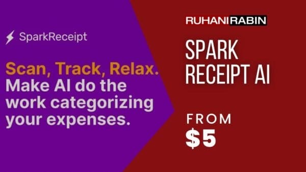 The picture shows an ad for SparkReceipt AI by Ruhani Rabin. It says, "SparkReceipt: Scan, Track, Relax. Let your personal AI handle sorting your expenses." It also mentions "SPARK RECEIPT AI FROM $5" on a purple and red background.