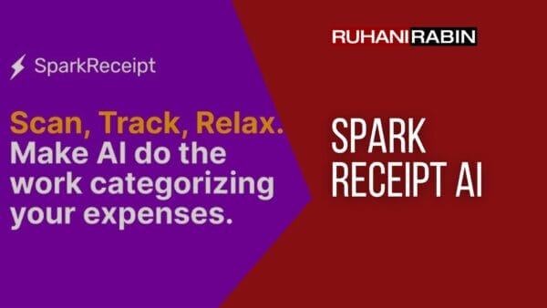 The graphic has a purple and maroon background. The text says, "SparkReceipt: Scan, Track, Relax. Let AI handle the job of organizing your expenses." On the right side, it says "SparkReceipt AI" with a logo above it—enjoy easy expense management using advanced AI for sorting transactions before accounting.