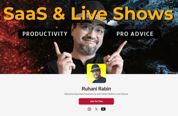 A person in a black hat and glasses is pointing up with both hands. Behind them, you can see the words: "SaaS & Live Shows," "Productivity," and "Pro Advice." Below this, there's a banner with the same person on it, along with a button that says "Join for free" and icons for YouTube, Facebook, and Instagram.