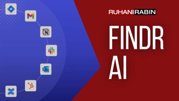 The image shows the FINDR AI logo on a background that changes from blue on the left to red on the right. On the blue part, there are several app icons connected together. The name "Ruhani Rabin" is written in white above "FINDR AI," emphasizing its advanced review features.
