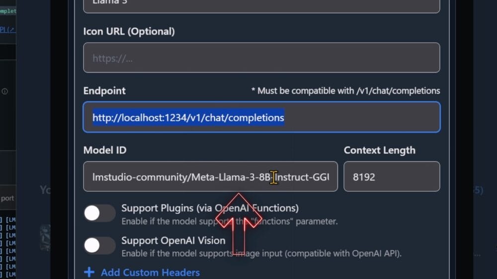 There's a screenshot of the settings screen in LM Studio where you can tweak an AI model. The "Endpoint" URL is set to "http://localhost:1234/v1/chat/completions." The "Model ID" shows "meta-llama-3-8b-instruct-GGI," and there's a red arrow highlighting the part that says "3-8b." There are also options for plugins and OpenAI support.