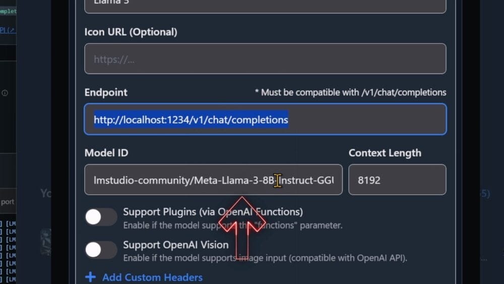 There's a screenshot of the settings screen in LM Studio where you can tweak an AI model. The "Endpoint" URL is set to "http://localhost:1234/v1/chat/completions." The "Model ID" shows "meta-llama-3-8b-instruct-GGI," and there's a red arrow highlighting the part that says "3-8b." There are also options for plugins and OpenAI support.