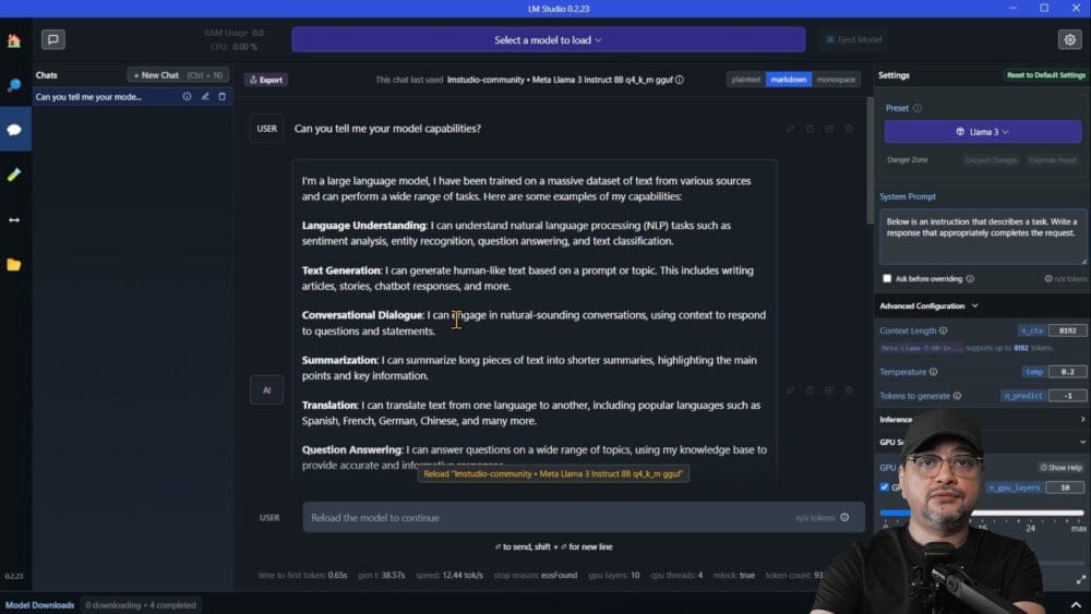 In a chat with a dark background, a user asks what the AI can do. The AI, which runs on an open-source language model, explains that it can understand language, generate text, hold conversations, summarize information, translate languages, and answer questions.