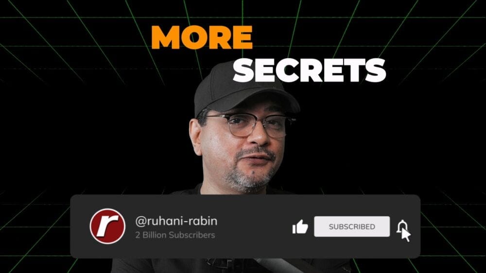 A person with a black cap and glasses is standing in front of a black background that has green grid lines. There's orange and white text that says "MORE SECRETS." Below, there's a gray bar showing a profile picture, username, "2 Billion Subscribers," a thumbs up icon, and a "Subscribed" button. LM Studio presents: Free Unlimited AI on PC.