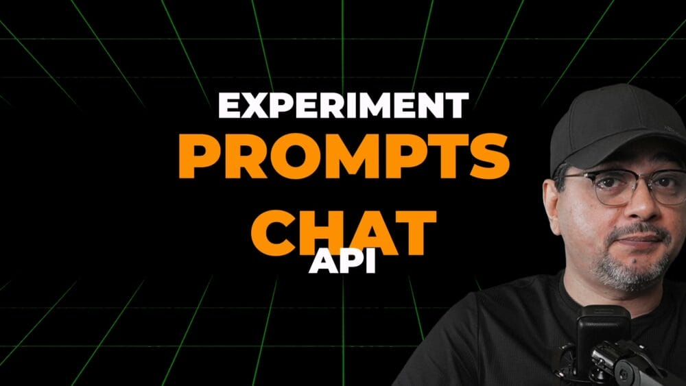 On the right side of the picture, there's someone wearing a black cap and glasses. The background is black with green grid lines that meet at a point in the distance. In the center, bold white and orange text says, "EXPERIMENT PROMPTS CHAT API - Powered by LM Studio for Free Unlimited AI.