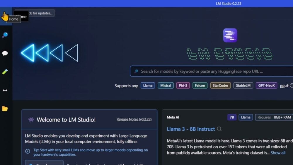 The screenshot shows the LM Studio interface. There's a search bar where you can look for models by typing in a keyword or entering a Hugging Face URL. You can also choose from options like Llama, Mistral, Falcon, and StarCoder. At the top of the screen, it says "Welcome to LM Studio!" with information about experiencing free unlimited AI on your PC. The interface has a dark background with light-colored text.