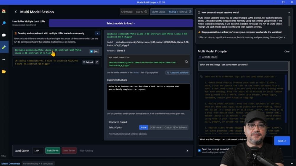 A computer screen shows a software program for working with different models. The screen has areas where you can choose and load models, explain the tasks you want to do, and create organized results. A man is sitting in front of the screen, wearing a headset with a microphone.