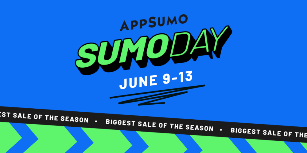 A bright blue banner promotes "AppSumo Sumoday" in bold green and black letters. It says "JUNE 9-13" in white letters. Below, there are repeated black banners declaring "BIGGEST SALE OF THE SEASON". The bottom is decorated with green chevron patterns.