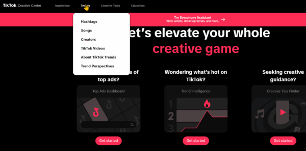 The screenshot shows the TikTok Creative Center webpage. There's a navigation menu with options like "Hashtags," "Songs," and "Creators" under the "TikTok" tab. Below this, there are sections labeled "Top Ads" (marked with a music note icon), "Trend Intelligence" (marked with a bar chart icon), and "Creative Tips Finder.