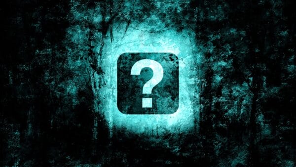 A glowing question mark sits in the middle of a dark, patterned background. The cyan light around it makes the scene look mysterious and interesting. The background mixes different shades of black and teal, adding to the overall sense of mystery.