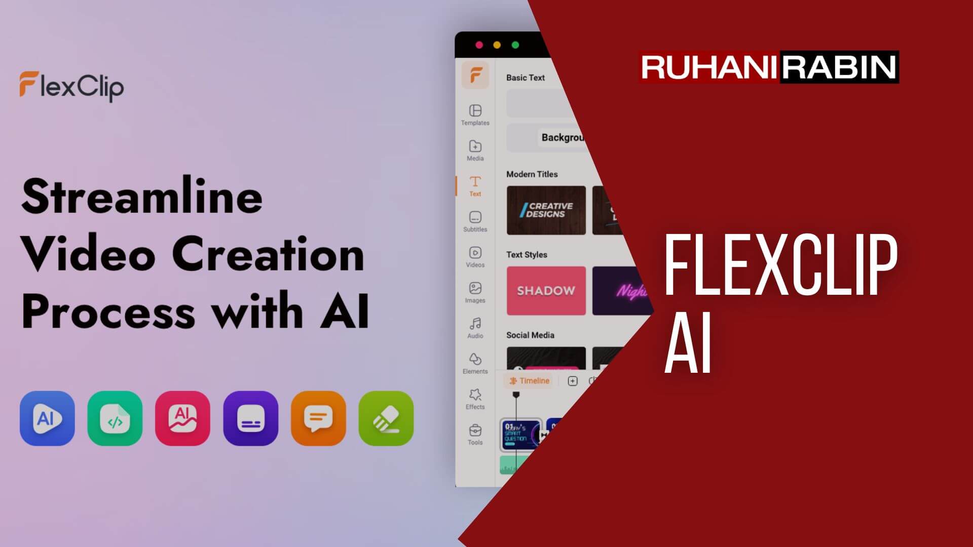 The promotional image for FlexClip AI shows part of the app's smartphone screen. The text says: "Make Video Creation Easier with FlexClip AI." Below the text, there are icons for AI, templates, music, and text.