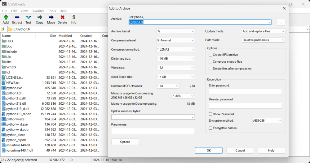 The image shows a window from 7-zip software called Add to Archive. The box for the archive name has CPython32 typed in it. You can choose different options like how much to compress the files, the size of memory needed for compression, and security settings. In the background, theres a file explorer showing different files and folders.