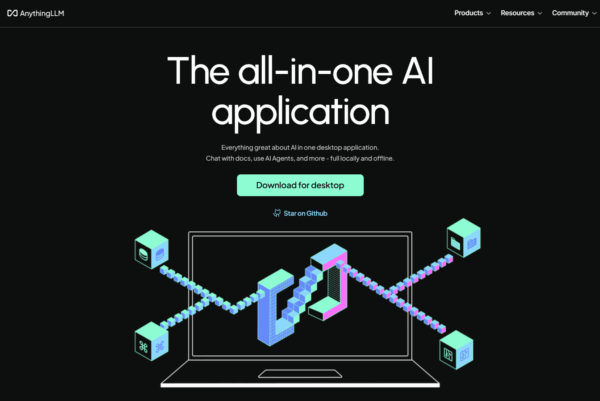 This is a promotional image for AnythingLLM, an AI app you can use on your desktop. The picture shows 3D shapes connected by digital lines, all set within the outline of a laptop. The text emphasizes that its a complete AI application and offers links to either download the app or check it out on GitHub.