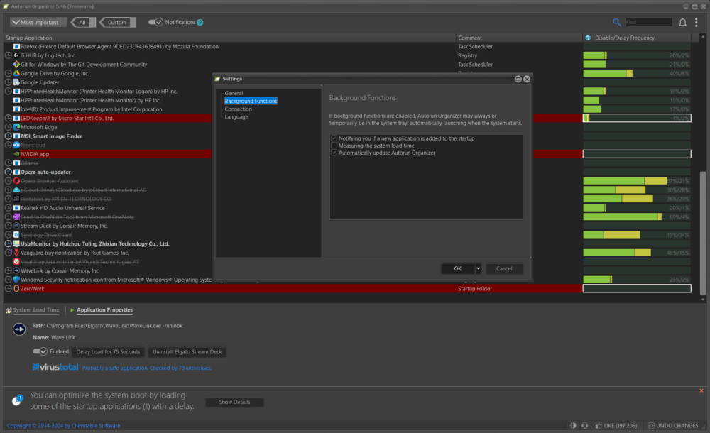 The image shows a screenshot of a software application with different tabs and settings. In the center is a pop-up window called Background Functions, which provides details about automation related to Autorun Organizer. The app looks modern with a dark-colored design.