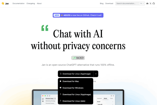 A screenshot of a webpage for Jan, which is an open-source AI tool. The main message says, Talk to AI safely, without worrying about your privacy. There are download buttons for Linux, Mac, Windows, and iOS. The page also mentions a recent new release available on GitHub.