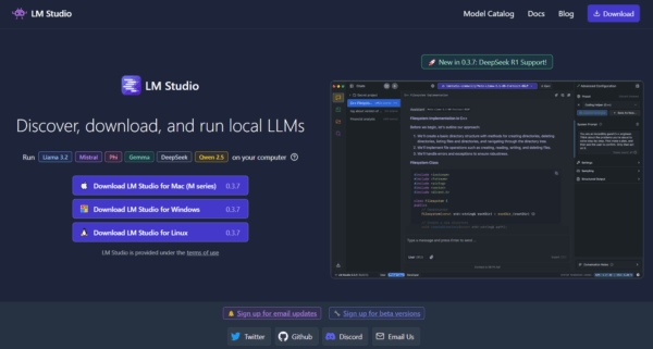 A screenshot from the LM Studio website shows download links for Mac, Windows, and Linux. It highlights features of local LLMs (Language Model Models) and mentions support for the new DeepSpeed RI. On the right side, theres a code editor visible. At the bottom, there are buttons to sign up and links to social media accounts.