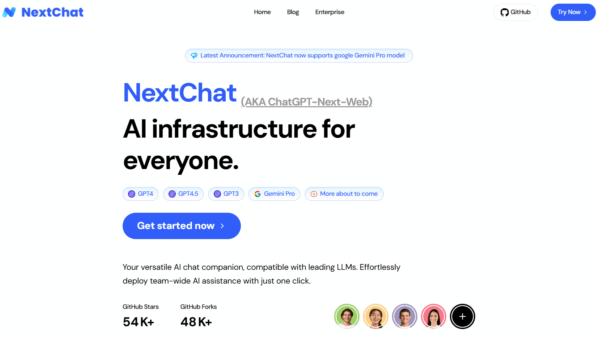 A screenshot of the NextChat website shows a header saying NextChat: AI infrastructure for everyone. There are buttons to select different models, such as GPT-4 and Gemini Pro. The page also has links to GitHub and pictures of team members at the bottom.