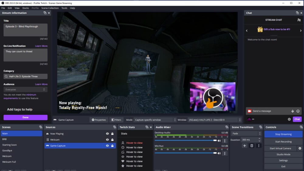 A screenshot shows the OBS Studio interface during a game stream. In it, you can see a character on a path. The screen also displays audio levels, stream status, and a small video of someone wearing headphones.