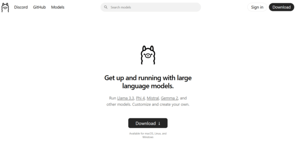 The webpage has a cartoon llama logo in the top left corner. The main message says, Start using large language models. Below it, theres a black button labeled Download. You can choose options for macOS, Linux, and Windows.