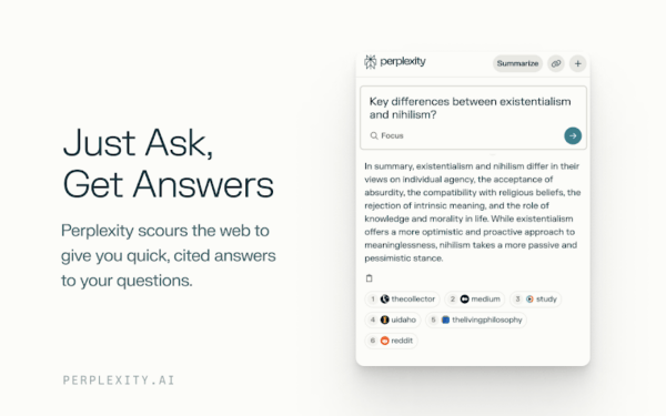 The image shows how the Perplexity AI Chrome Extension works. On one side, theres a phrase that says Just Ask, Get Answers, encouraging people to try it out. The other side displays a summary answer to a question about existentialism and nihilism, demonstrating the extensions ability to engage in thoughtful conversations.