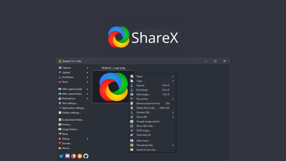 This is a screenshot of the ShareX app. The main window shows a menu with choices such as Capture and Upload, and theres also a section for settings. You can see the ShareX logo, which looks like a colorful swirl, at the top of the screen.