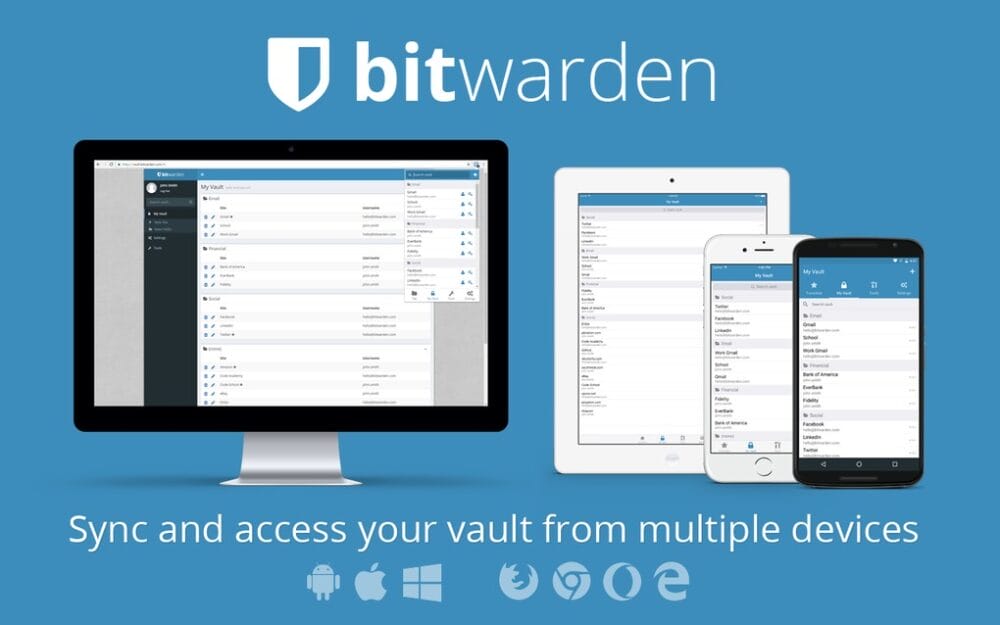 A Bitwarden ad shows the app on a computer screen, tablet, and smartphone. It says, Sync and access your Bitwarden vault from different devices, and has icons for different operating systems and web browsers underneath.