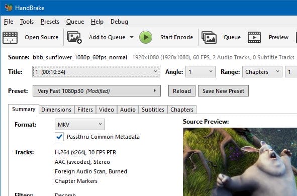 A screenshot of the HandBrake software shows the video source and settings, along with a preview of an animated scene featuring a big rabbit. There are clear options like Open Source and Start Encode, as well as tabs labeled Summary, Dimensions, and others.