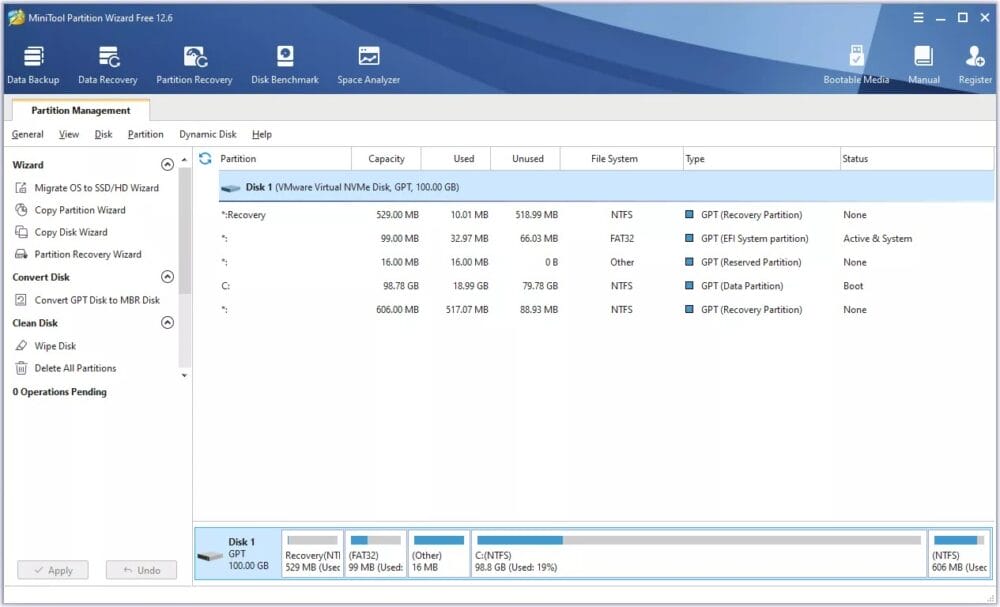 The screenshot shows the MiniTool Partition Wizard Free software, which is used to manage disk partitions. There are five different partitions labeled Recovery, C, D, E, and F. The size, type, and status of each partition are listed. At the top of the screen, you can easily see icons for features like Data Backup and Partition Recovery.