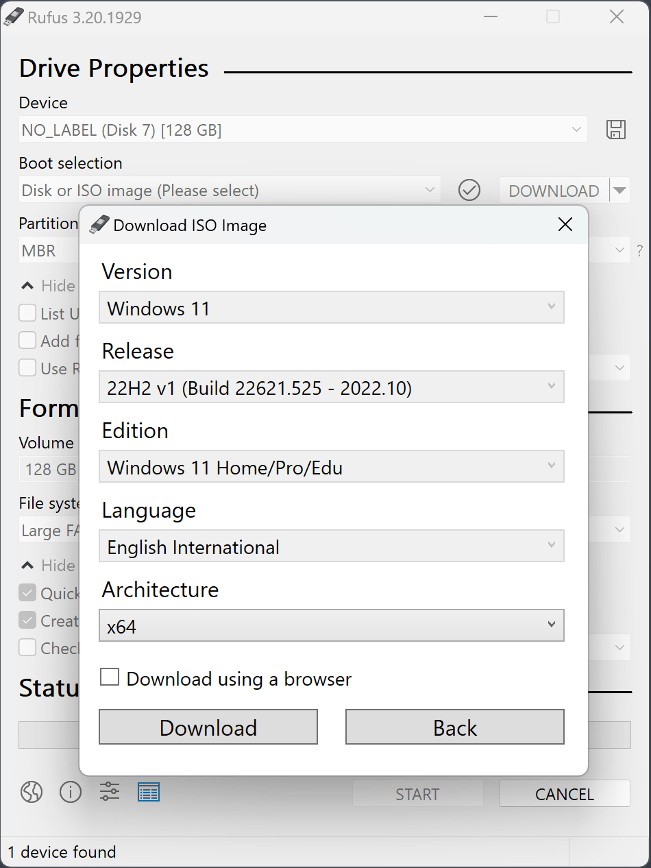 The Rufus software window displays options to download a Windows 11 ISO file. You can choose the version, release, edition, language, and architecture. The download can be done directly within the software or via your browser. At the bottom of the Rufus screen, it shows that a disk has been detected.