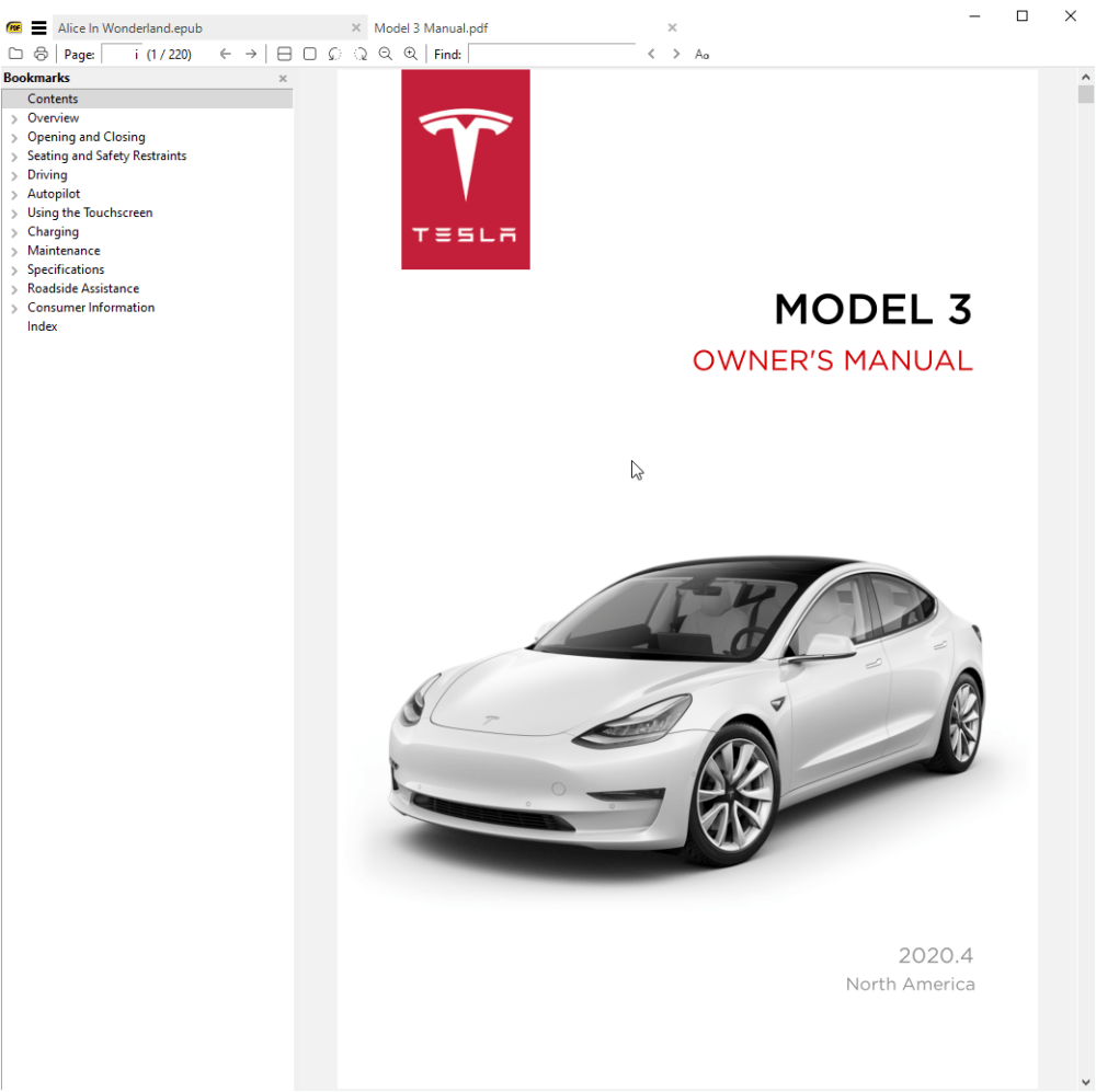 The Tesla Model 3 owners manual is open in a PDF viewer called SumatraPDF. You can see a picture of the car from the front, colored in white, with the Tesla logo on it. The text says MODEL 3 OWNERS MANUAL 2020.4 North America, and there are bookmarks on the left side that you can easily see.