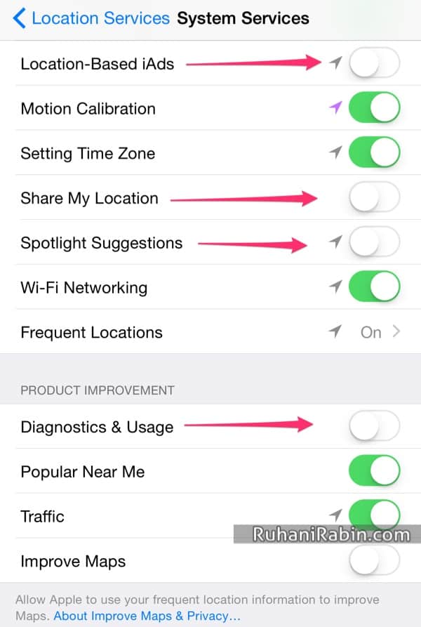 iOS 8 iPhone 6 Turn off System Services Locations