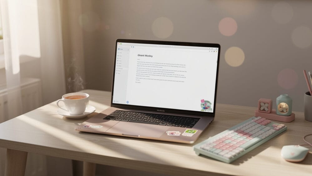 Laptop with AI writing tool open, cup of tea, and keyboard on a bright desk.