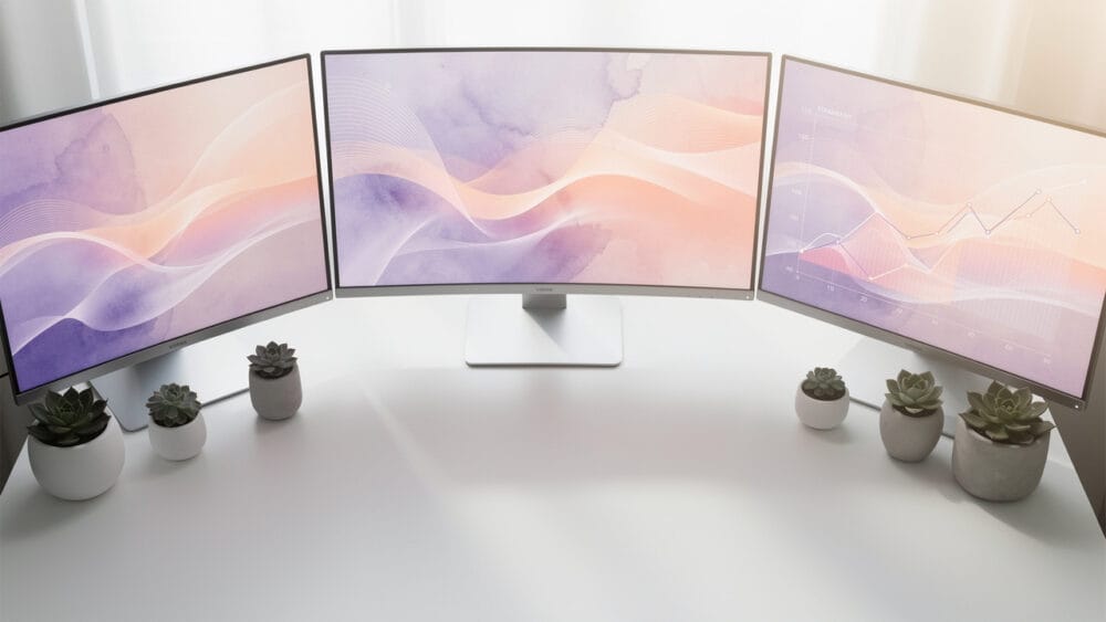 Three computer monitors displaying abstract art and a chart, with small potted succulents on a white desk.