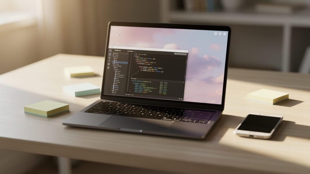 Laptop displaying code, desk with phone and notes.