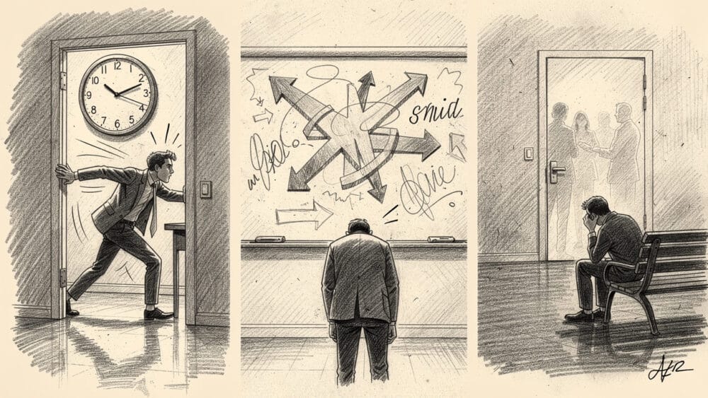 Man facing time pressure, confusion, and isolation.