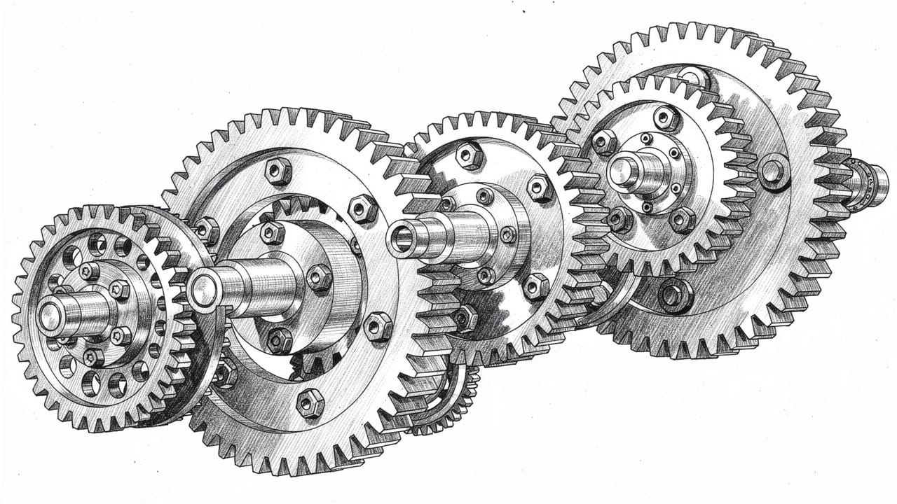 Five interconnected gears representing tool categories working together
