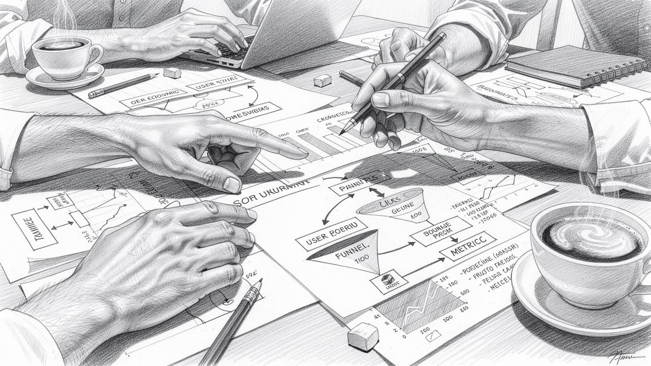 Strategic planning session with retention metrics and user journey maps