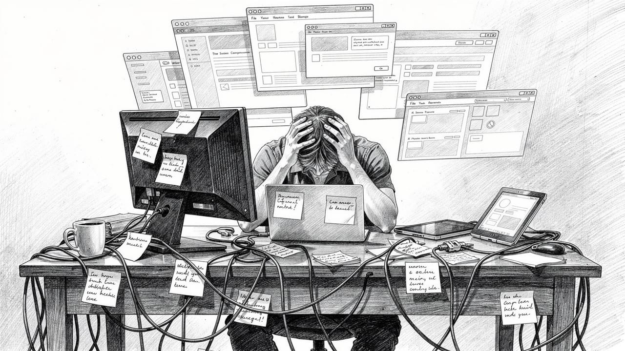 Overwhelmed workspace representing tool bloat and confusion
